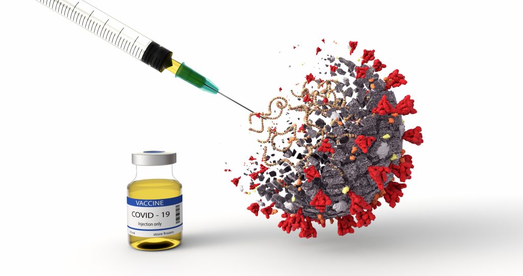Illustration of a COVID-19 virus, a bottle of vaccine and a needle injecting the vaccine into the virus