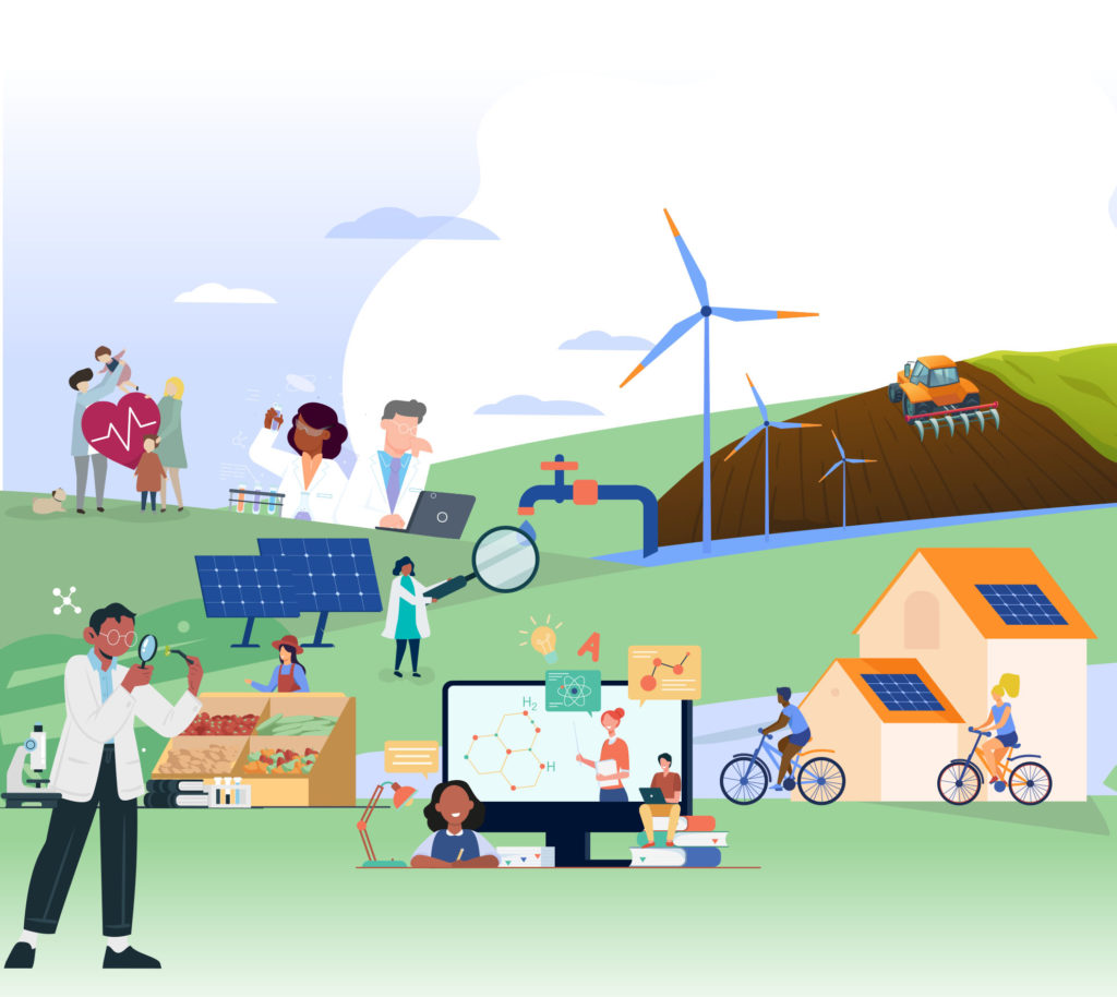 Illustration of the diversity of the chemistry landscape, showing agriculture, health and wellbeing, energy, education, water and wind power
