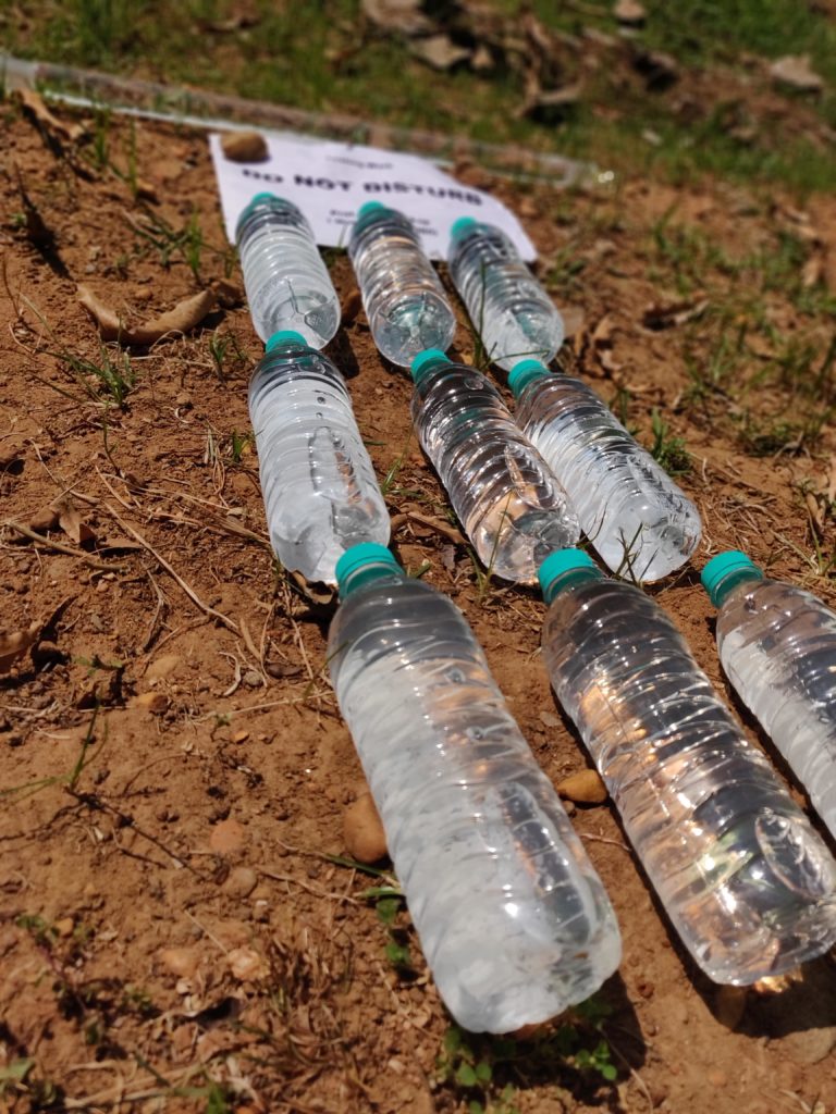 9 plastic drinking bottles on the ground in sunlight with a 'do not disturb' sign by them