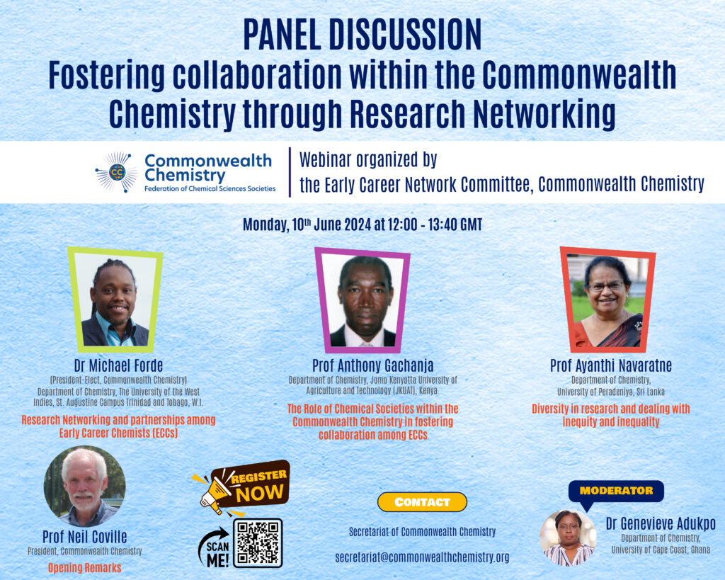 Panel Discussion on Fostering collaboration within the Commonwealth Chemistry through research network, flyer showing speakers and moderator