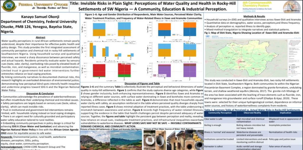 Photo of a scientific poster titled: Invisible Risks in Plain Sight: Perceptions of Water Quality and Health in Rocky-Hill Settlements of SW Nigeria - A community, Education & Industrial Perception